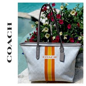 Coach Varsity City Zip Tote in Chalk Signature Print w/Orange&Yellow Stripe NWOT